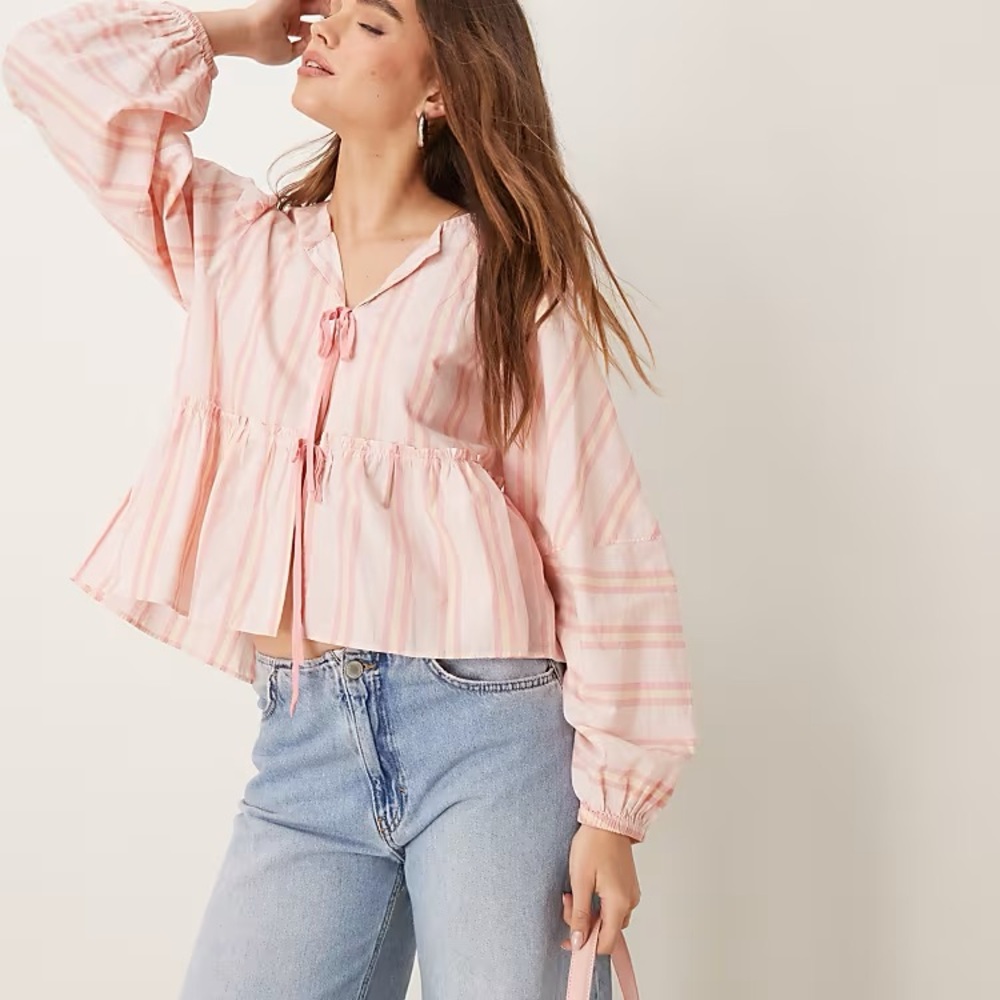 Free People Pink Striped Tie-Front Blouse